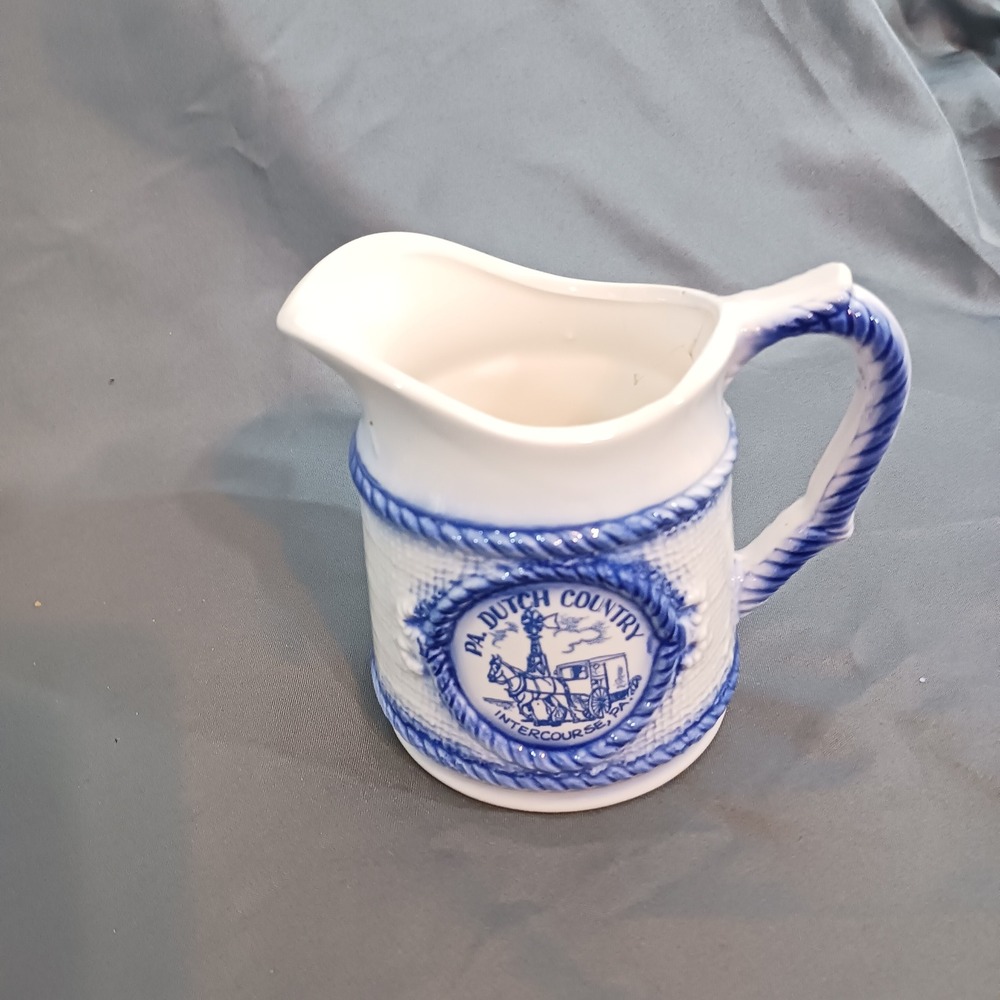Vintage PA Dutch Country Creamer Pitcher Small White Blue Good Souvenir Amish